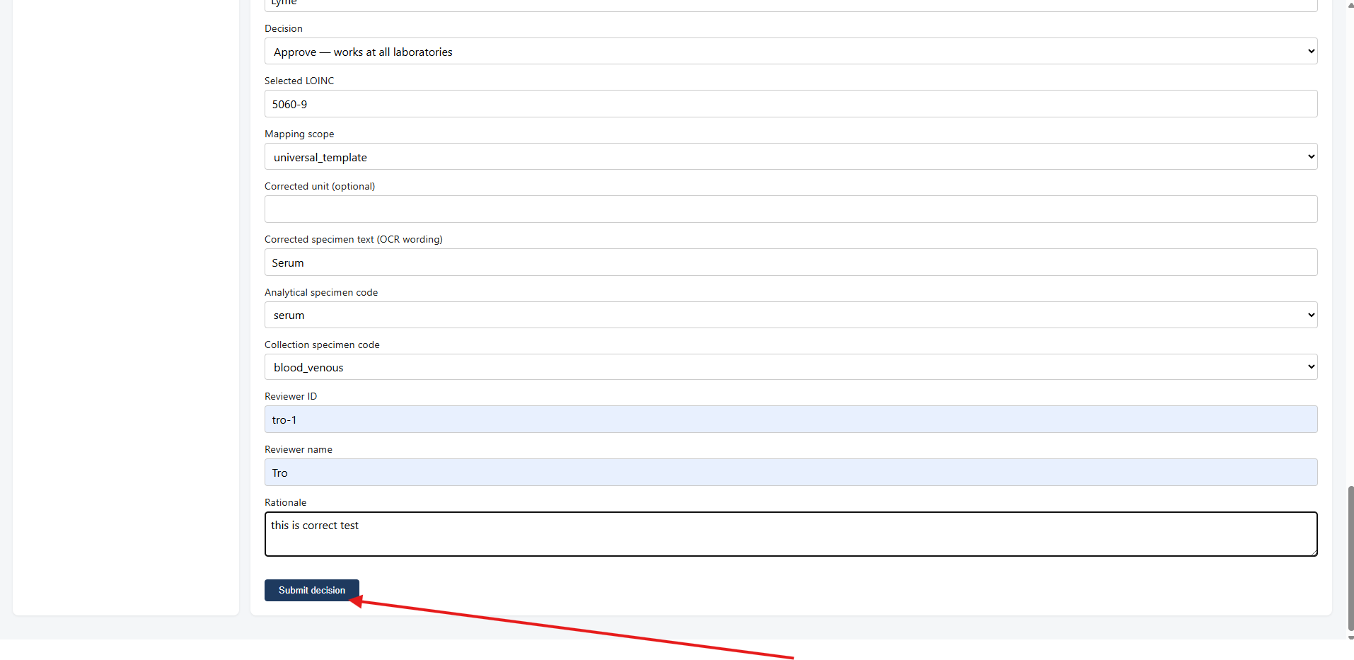 Decision form and Submit
